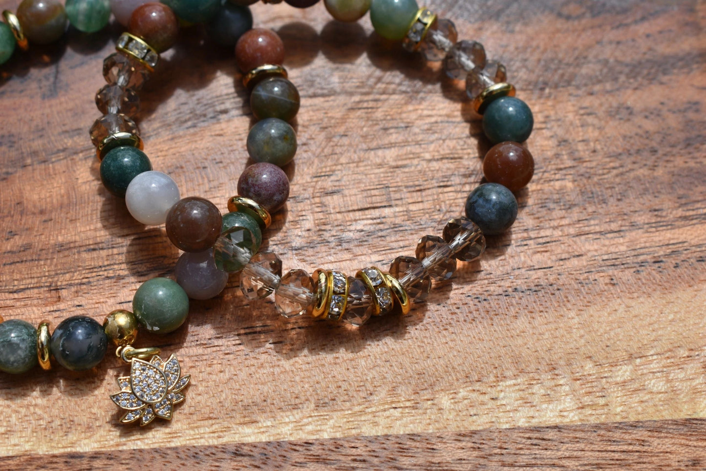 Set of 2 Indian Agate Bracelets with Gold Accents & Czech Glass Beads – 8mm