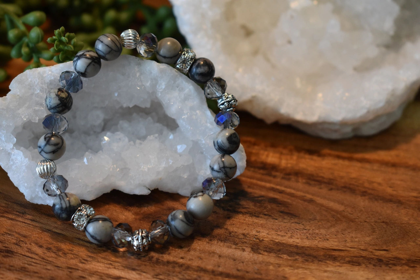 Chinese Picasso Jasper Bracelet with Smoky Iridescent Czech Glass, Silver-Plated Beads & Sparkling Rhinestone Detail – 8mm