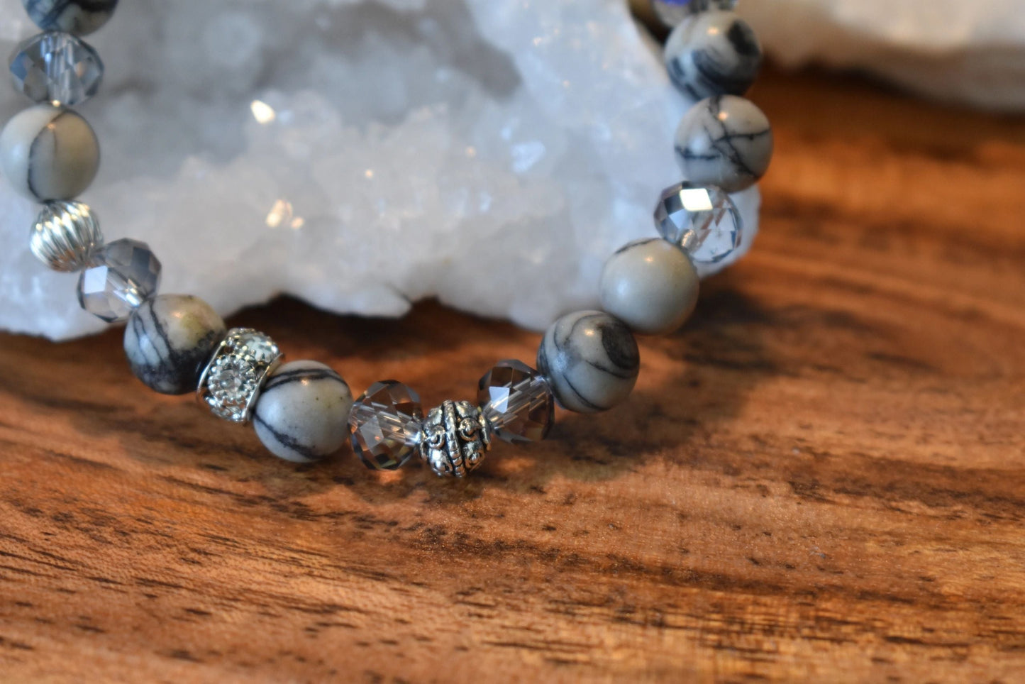 Chinese Picasso Jasper Bracelet with Smoky Iridescent Czech Glass, Silver-Plated Beads & Sparkling Rhinestone Detail – 8mm