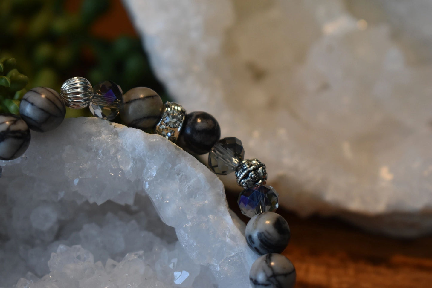 Chinese Picasso Jasper Bracelet with Smoky Iridescent Czech Glass, Silver-Plated Beads & Sparkling Rhinestone Detail – 8mm