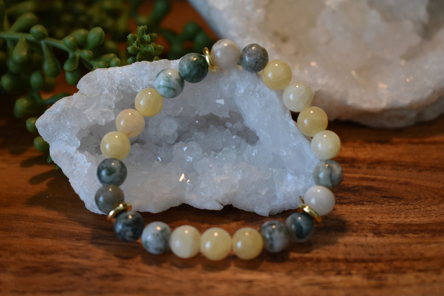 💛 8mm Yellow Jade & Tree Agate Crystal Bracelet – Abundance, Balance & Grounded Optimism | Gold Accents