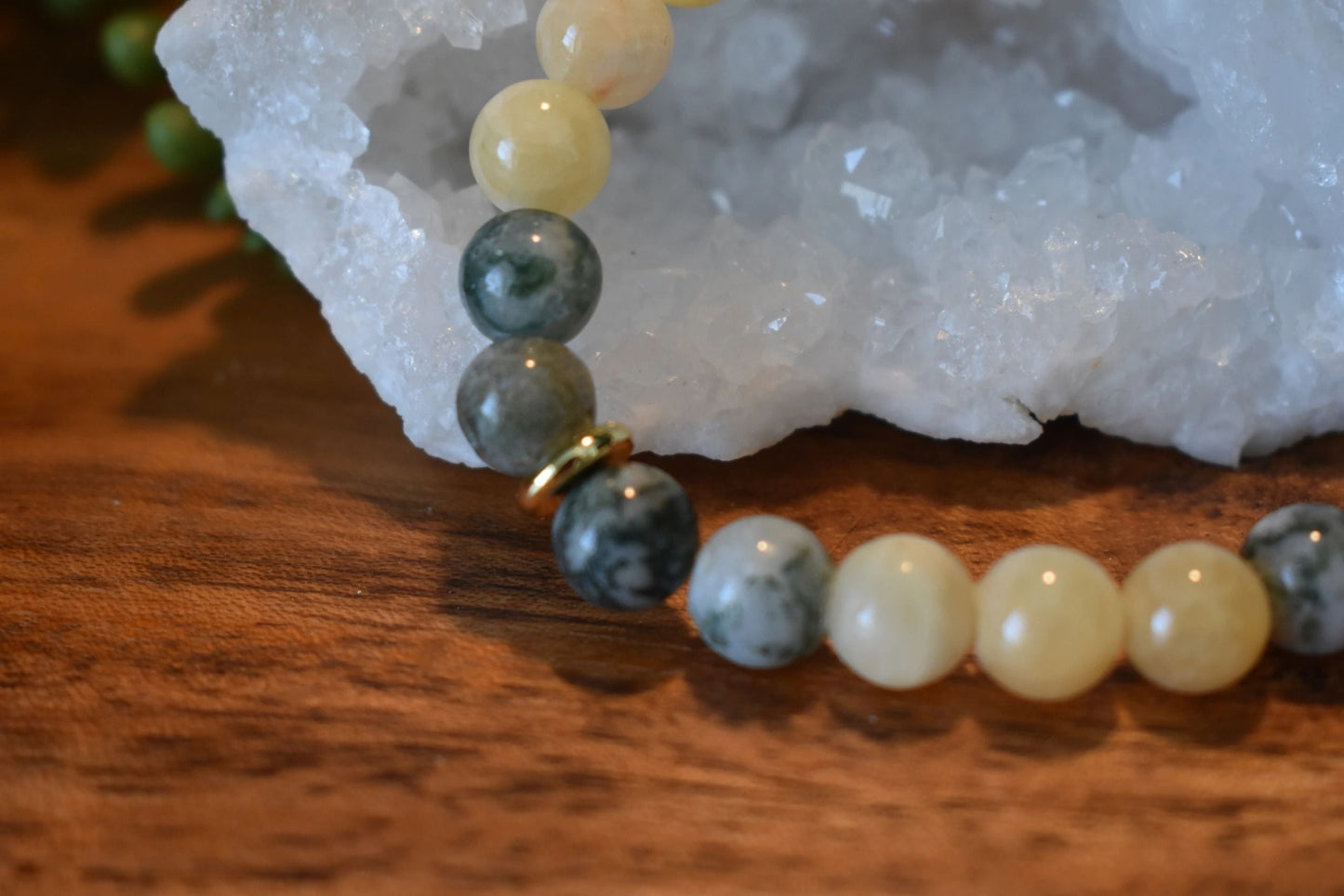 💛 8mm Yellow Jade & Tree Agate Crystal Bracelet – Abundance, Balance & Grounded Optimism | Gold Accents