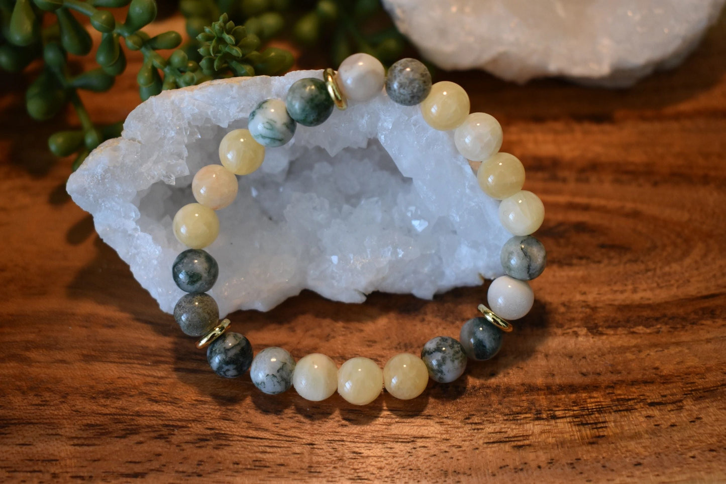 💛 8mm Yellow Jade & Tree Agate Crystal Bracelet – Abundance, Balance & Grounded Optimism | Gold Accents