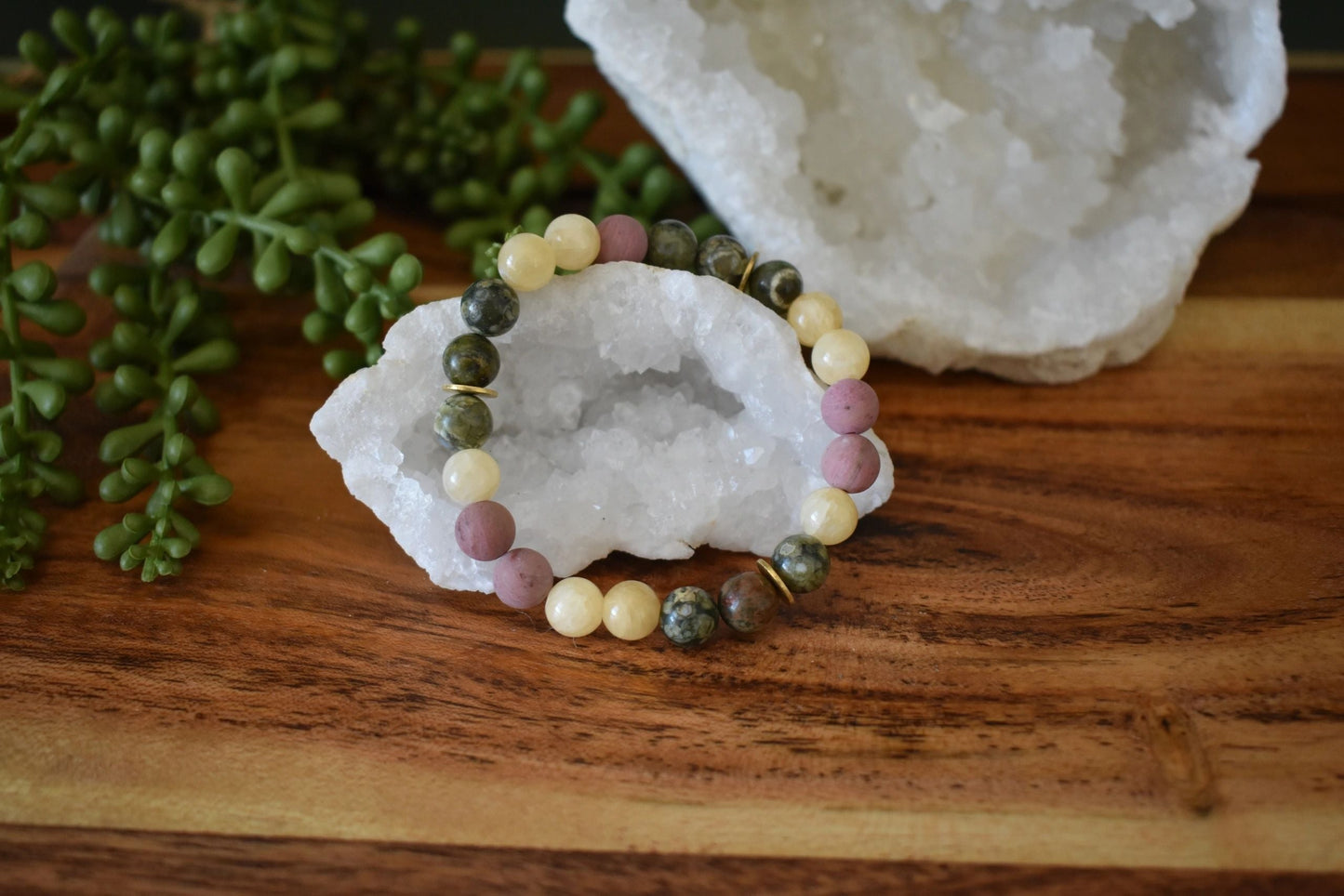 🌳 8mm Rainforest Jasper, Yellow Jade & Matte Rhodonite Crystal Bracelet – Confidence, Renewal & Compassion | Gold Accents + Tree of Life Charm