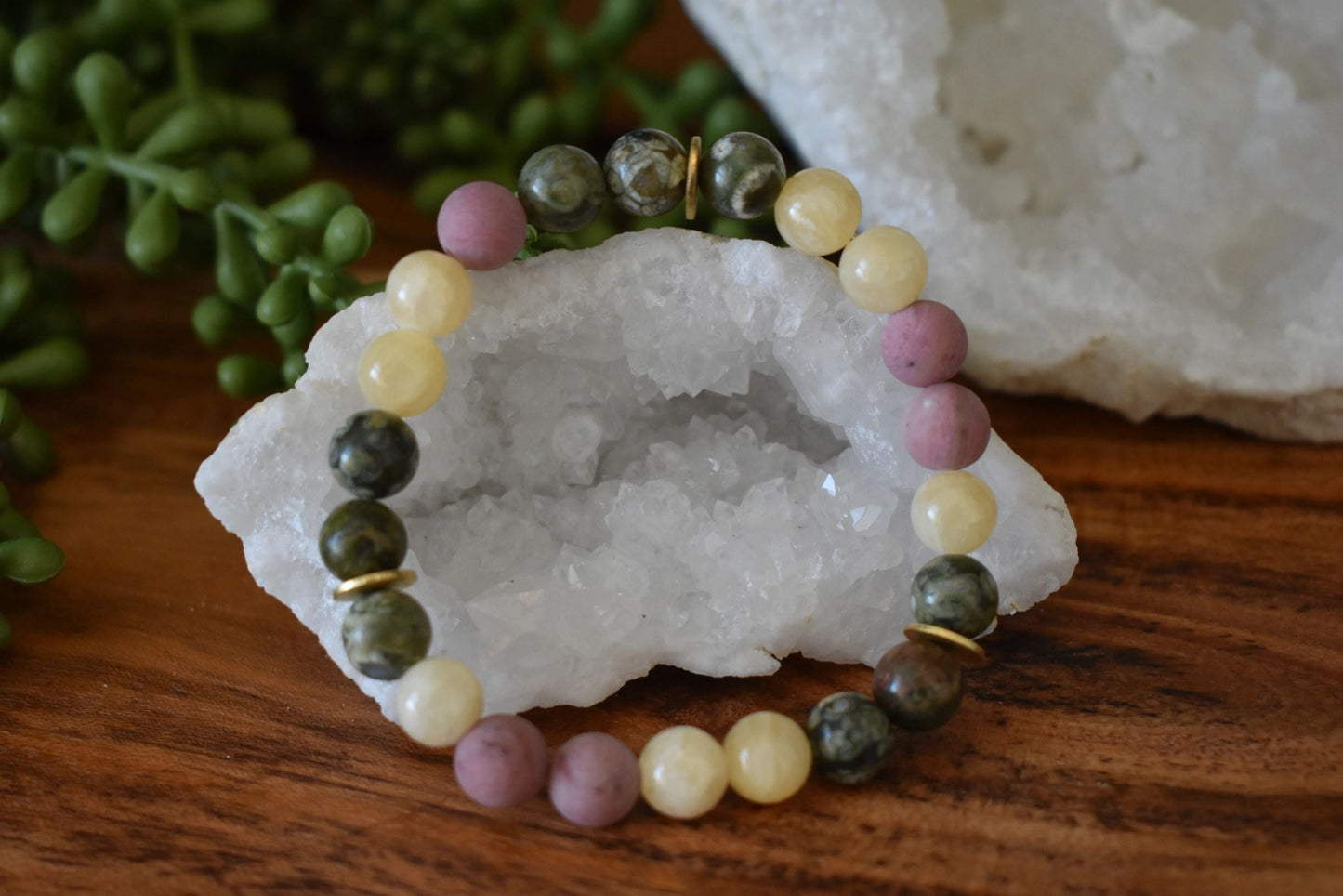 🌳 8mm Rainforest Jasper, Yellow Jade & Matte Rhodonite Crystal Bracelet – Confidence, Renewal & Compassion | Gold Accents + Tree of Life Charm