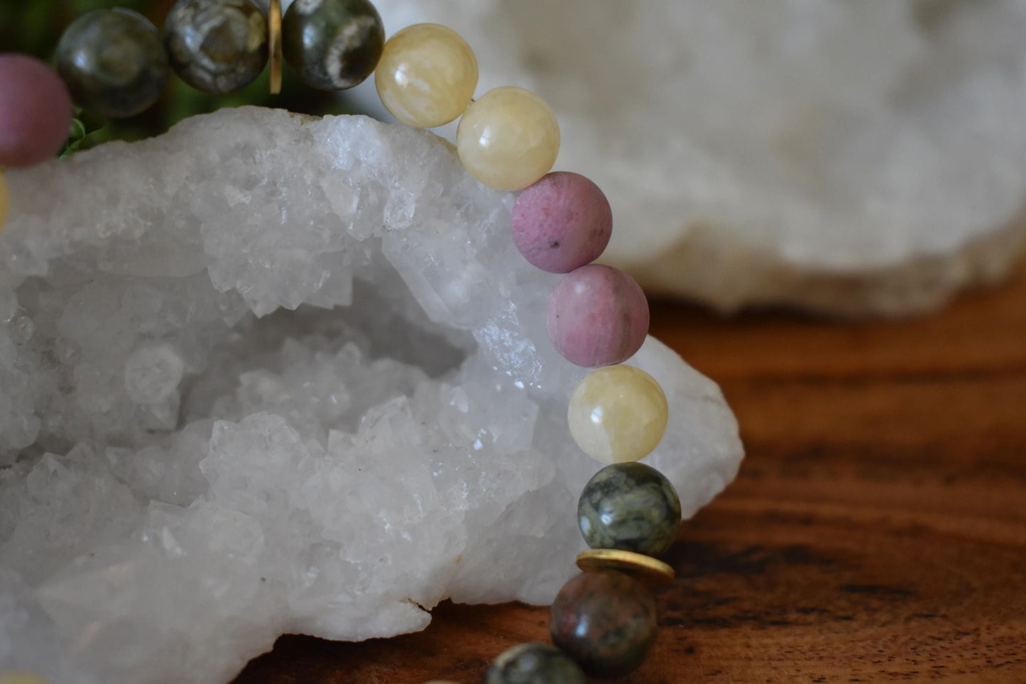🌳 8mm Rainforest Jasper, Yellow Jade & Matte Rhodonite Crystal Bracelet – Confidence, Renewal & Compassion | Gold Accents + Tree of Life Charm
