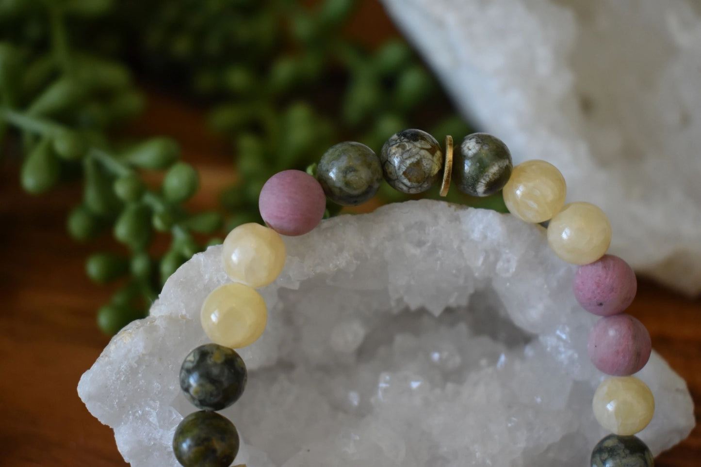 🌳 8mm Rainforest Jasper, Yellow Jade & Matte Rhodonite Crystal Bracelet – Confidence, Renewal & Compassion | Gold Accents + Tree of Life Charm