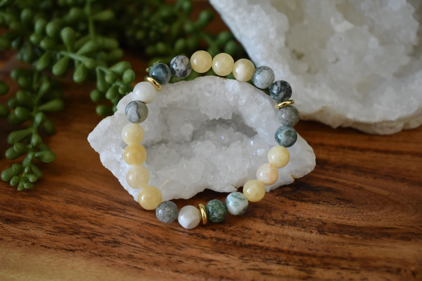 💛 8mm Yellow Jade & Tree Agate Crystal Bracelet – Abundance, Balance & Grounded Optimism | Gold Accents
