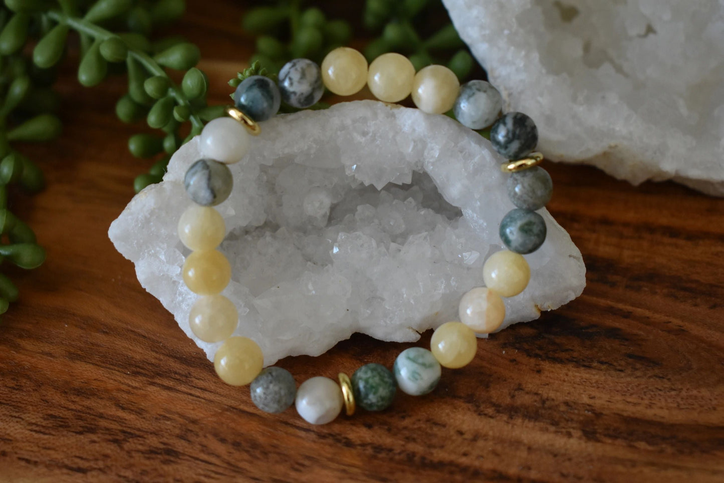 💛 8mm Yellow Jade & Tree Agate Crystal Bracelet – Abundance, Balance & Grounded Optimism | Gold Accents