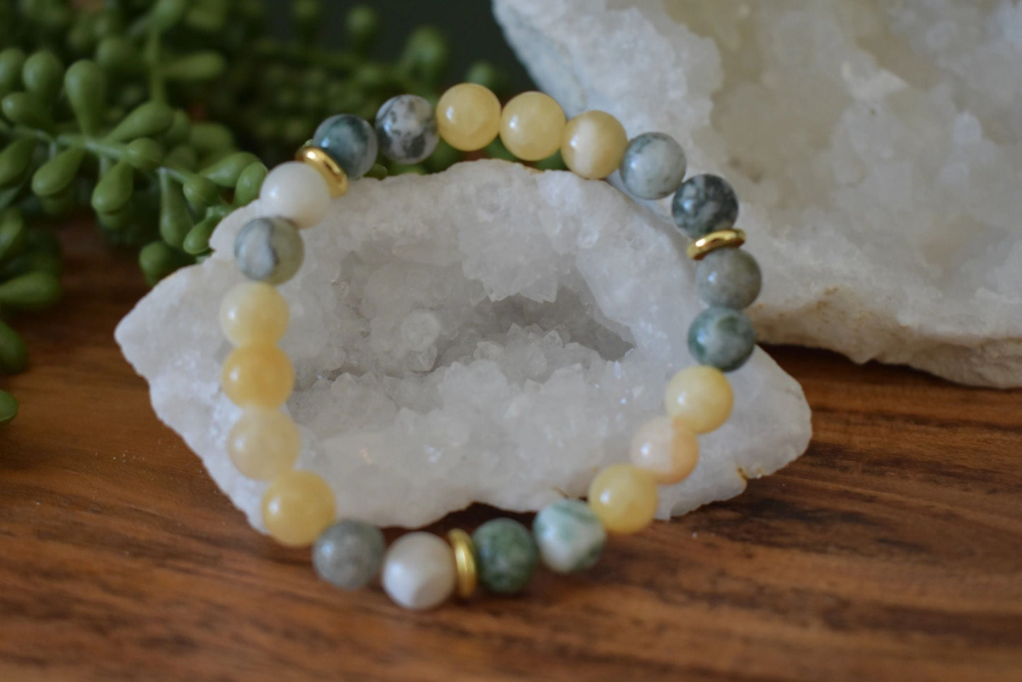 💛 8mm Yellow Jade & Tree Agate Crystal Bracelet – Abundance, Balance & Grounded Optimism | Gold Accents