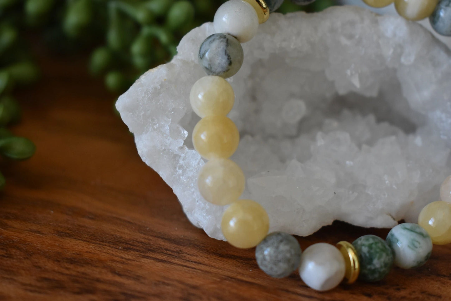 💛 8mm Yellow Jade & Tree Agate Crystal Bracelet – Abundance, Balance & Grounded Optimism | Gold Accents