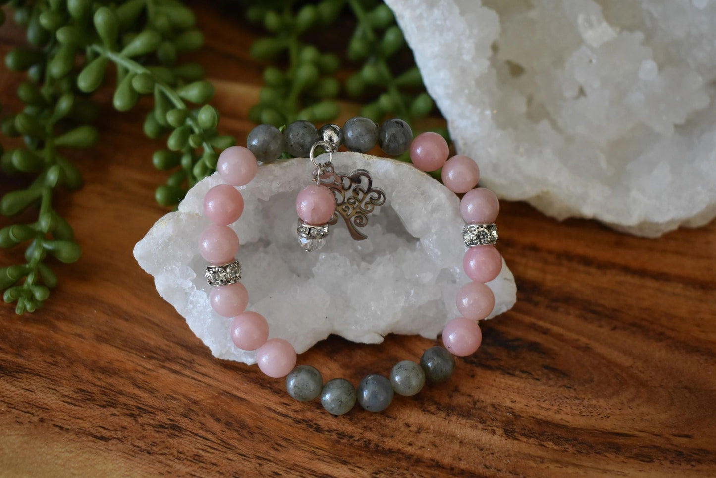 8mm Pink Opal & Labradorite Crystal Bracelet – Emotional Calm • Intuitive Strength • Heart-Centered Balance