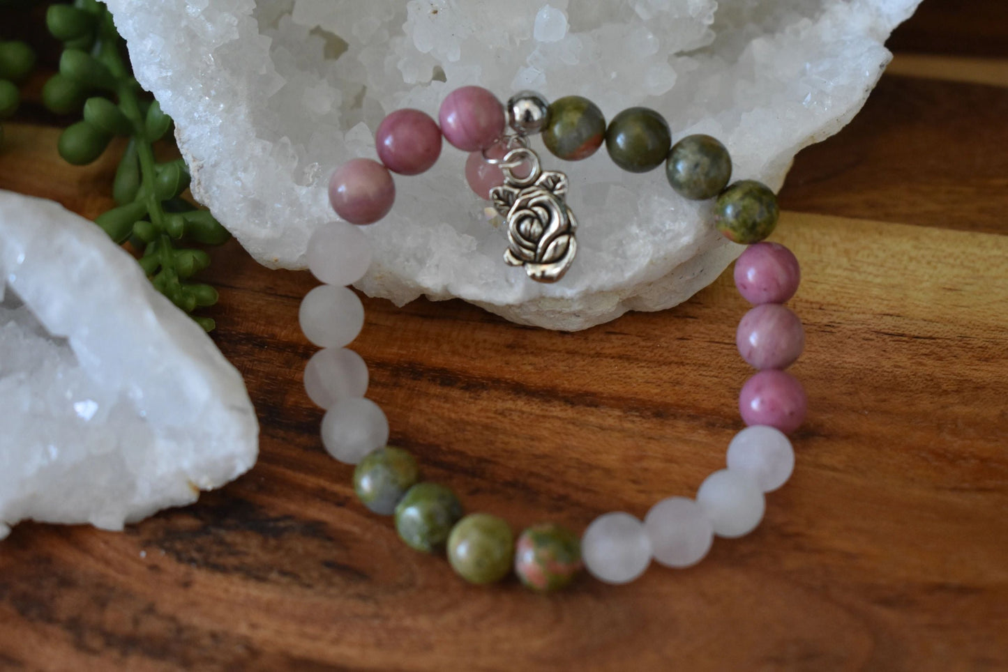 8mm Unakite, Rhodonite & Matte Rose Quartz Crystal Bracelet – Emotional Healing • Heart Balance • Gentle Strength