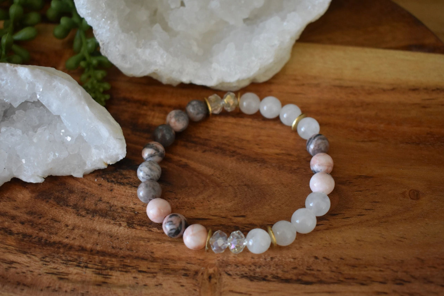 8mm Pink Zebra Jasper & Milky Quartz Crystal Bracelet – Courage • Compassion • Emotional Clarity