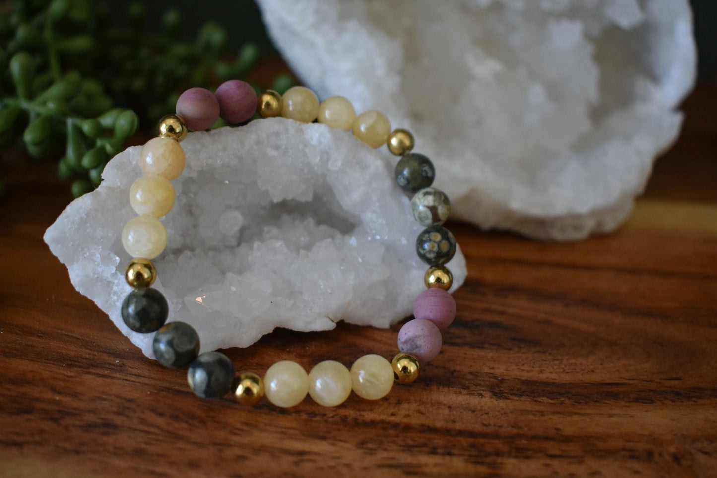 8mm Rainforest Jasper, Yellow Calcite & Matte Rhodonite Crystal Bracelet – Grounded Joy • Emotional Renewal • Heart Growth
