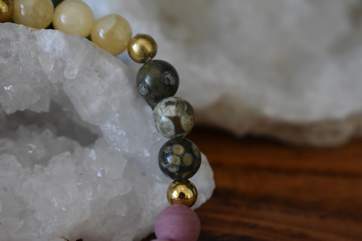 8mm Rainforest Jasper, Yellow Calcite & Matte Rhodonite Crystal Bracelet – Grounded Joy • Emotional Renewal • Heart Growth