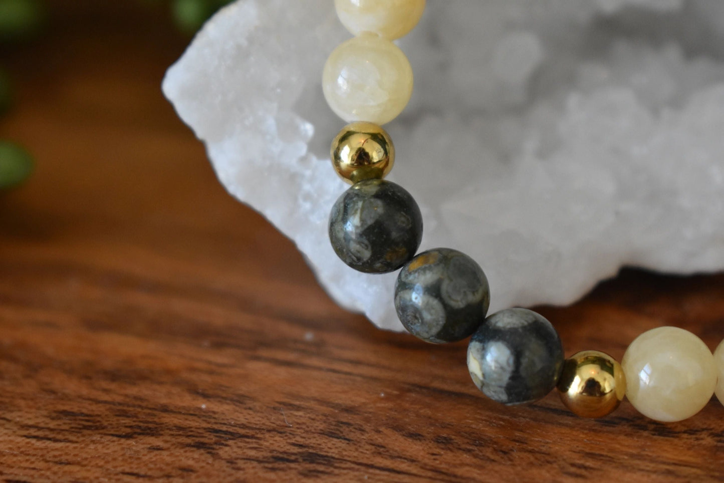 8mm Rainforest Jasper, Yellow Calcite & Matte Rhodonite Crystal Bracelet – Grounded Joy • Emotional Renewal • Heart Growth