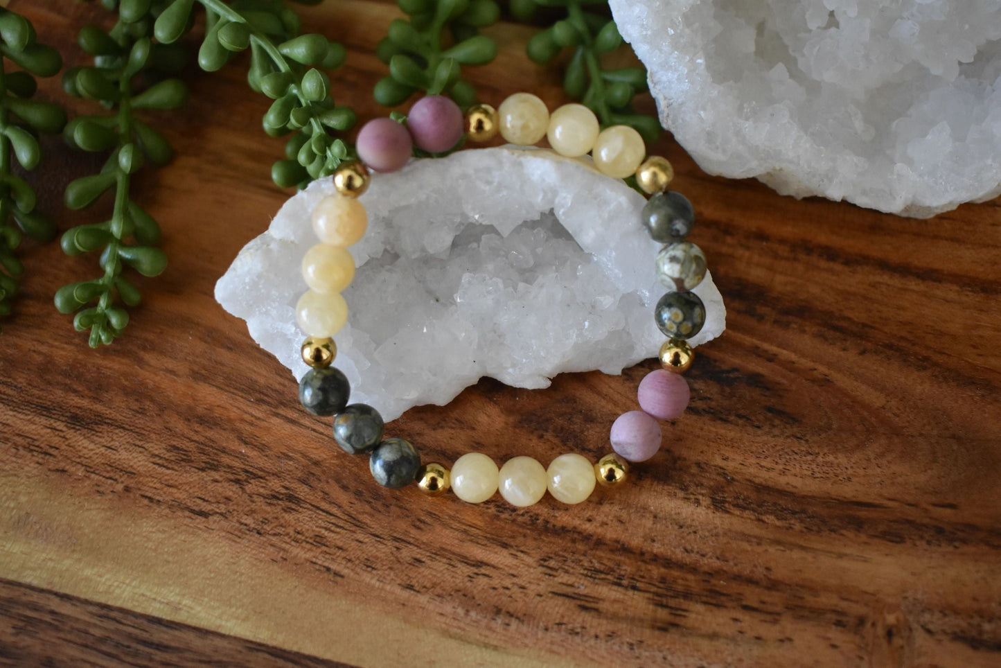 8mm Rainforest Jasper, Yellow Calcite & Matte Rhodonite Crystal Bracelet – Grounded Joy • Emotional Renewal • Heart Growth