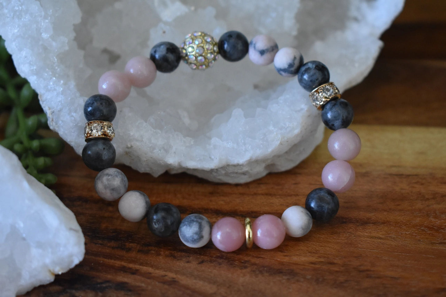 Pink Opal & Larvikite Crystal Bracelet, 8mm Healing Bracelet for Emotional Balance, Grounding, Anxiety Relief, Pink Zebra Jasper