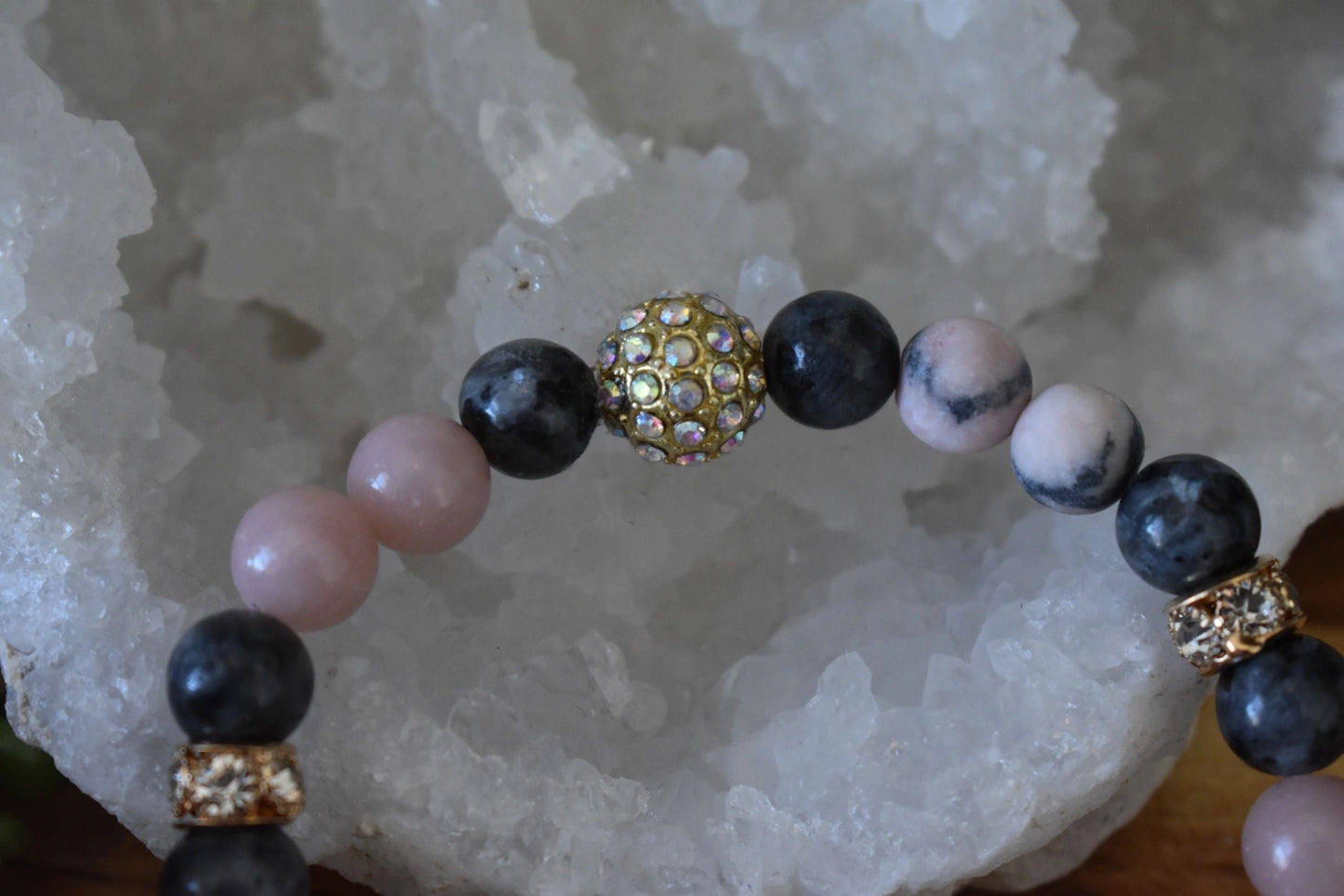 Pink Opal & Larvikite Crystal Bracelet, 8mm Healing Bracelet for Emotional Balance, Grounding, Anxiety Relief, Pink Zebra Jasper