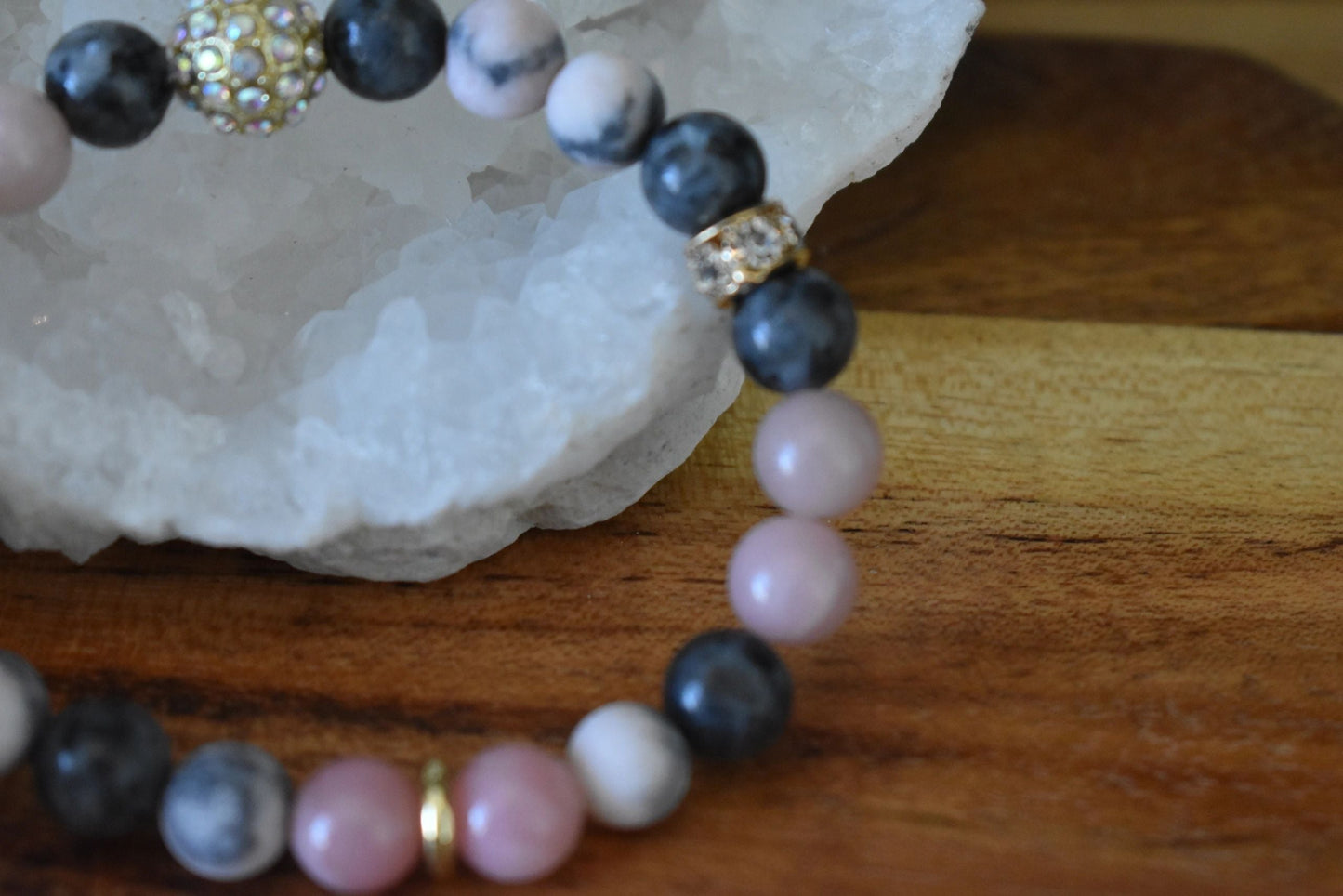 Pink Opal & Larvikite Crystal Bracelet, 8mm Healing Bracelet for Emotional Balance, Grounding, Anxiety Relief, Pink Zebra Jasper