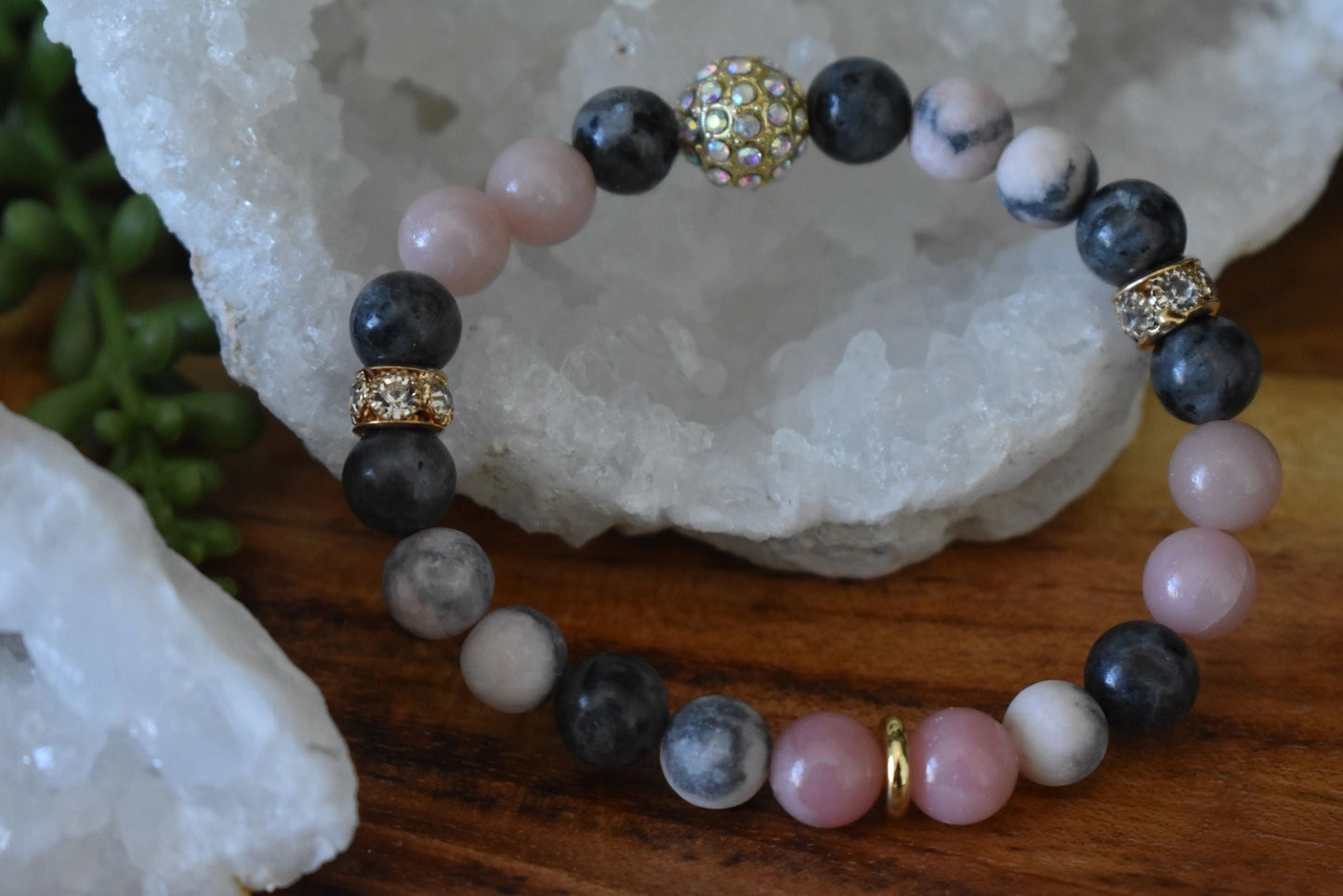 Pink Opal & Larvikite Crystal Bracelet, 8mm Healing Bracelet for Emotional Balance, Grounding, Anxiety Relief, Pink Zebra Jasper