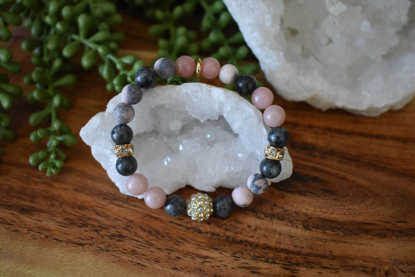 Pink Opal & Larvikite Crystal Bracelet, 8mm Healing Bracelet for Emotional Balance, Grounding, Anxiety Relief, Pink Zebra Jasper