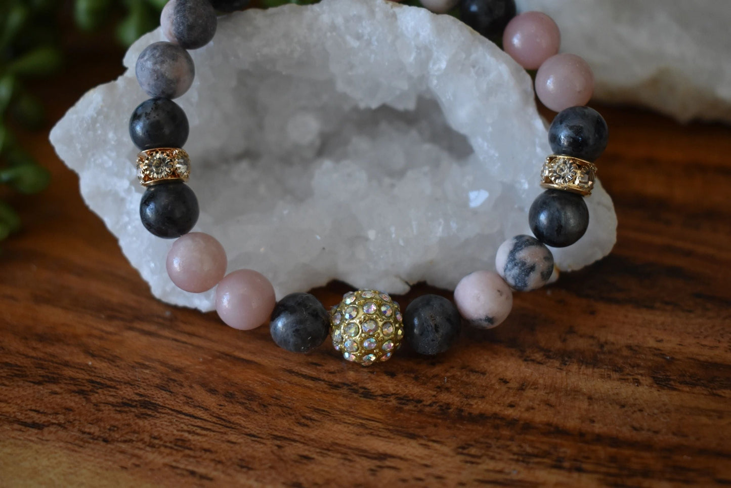 Pink Opal & Larvikite Crystal Bracelet, 8mm Healing Bracelet for Emotional Balance, Grounding, Anxiety Relief, Pink Zebra Jasper
