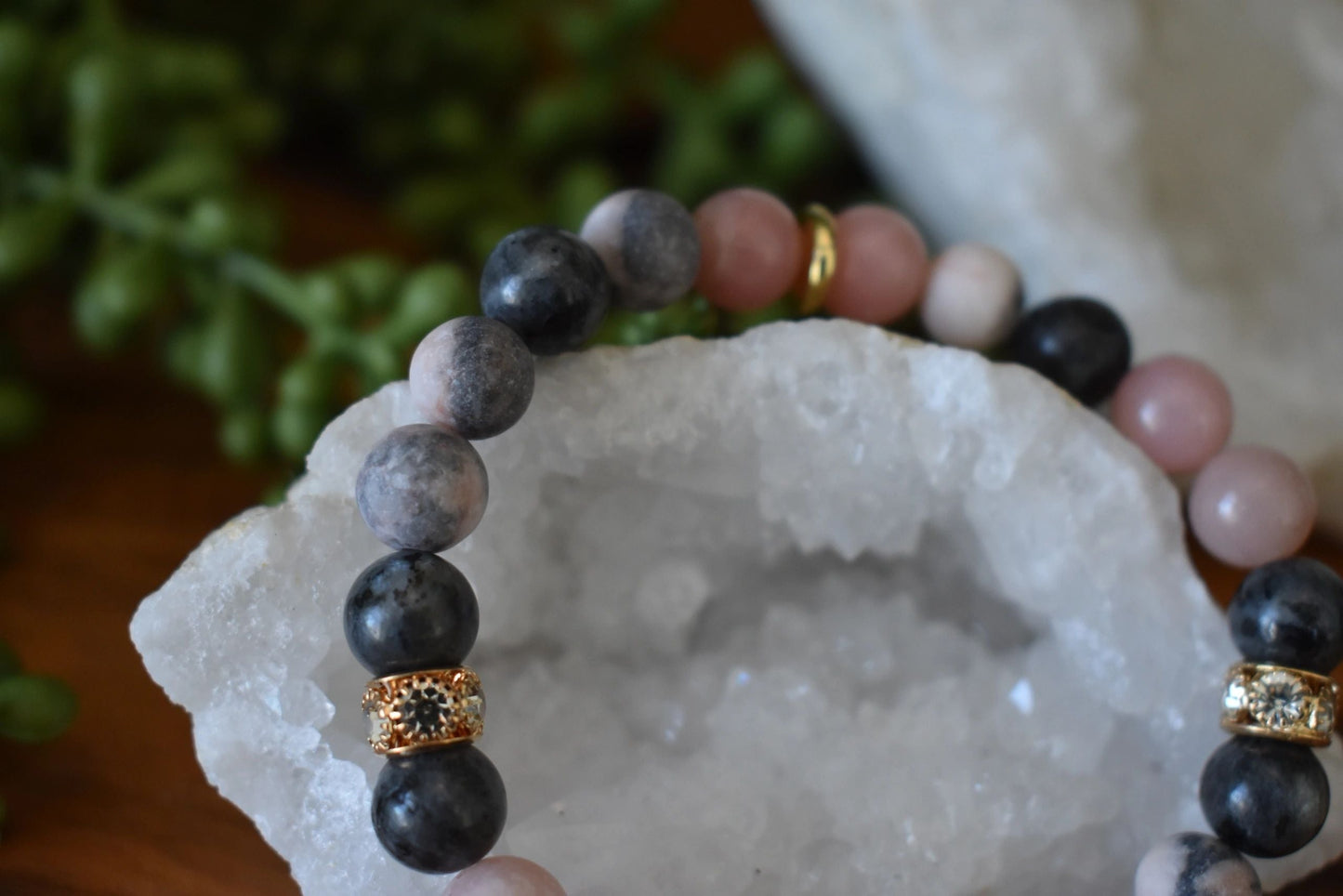 Pink Opal & Larvikite Crystal Bracelet, 8mm Healing Bracelet for Emotional Balance, Grounding, Anxiety Relief, Pink Zebra Jasper