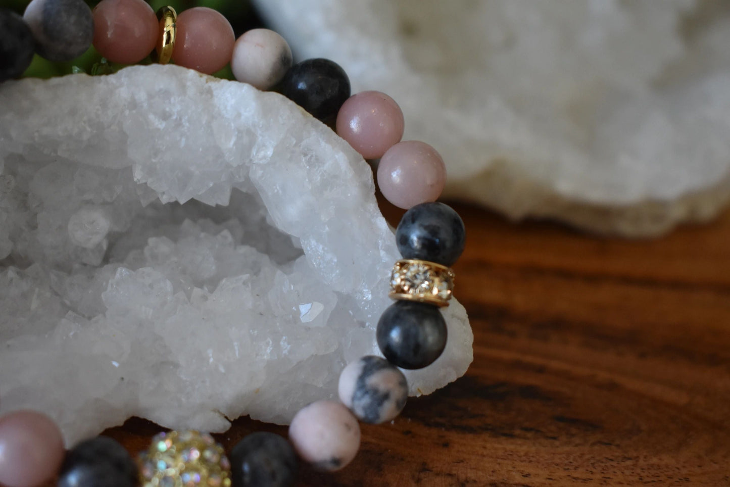Pink Opal & Larvikite Crystal Bracelet, 8mm Healing Bracelet for Emotional Balance, Grounding, Anxiety Relief, Pink Zebra Jasper