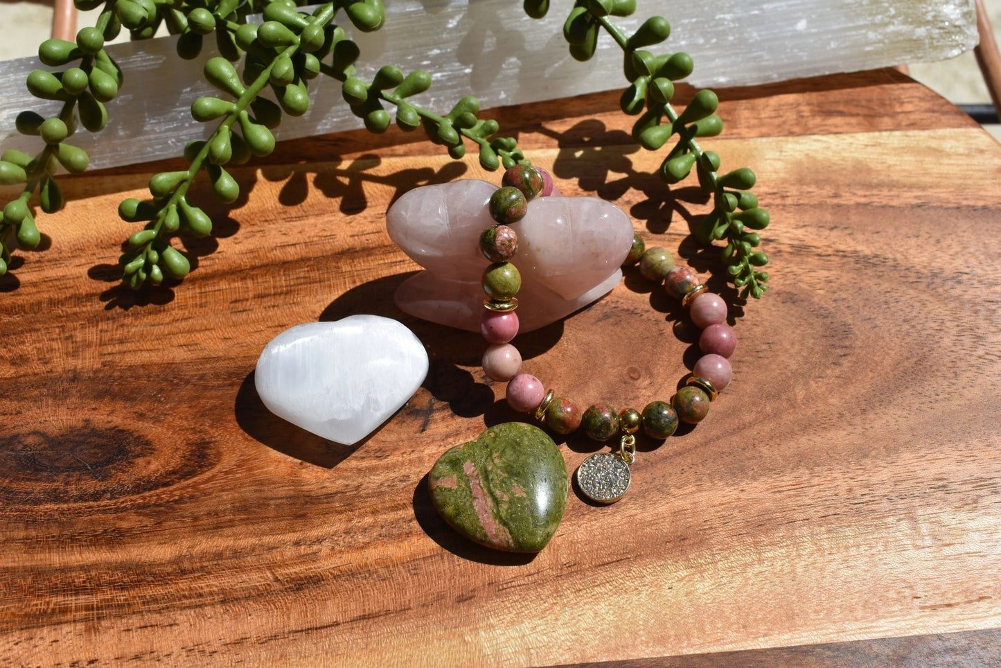 8mm Unakite & Rhodonite Crystal Bracelet + Heart Trio – Love • Release • Emotional Reboot