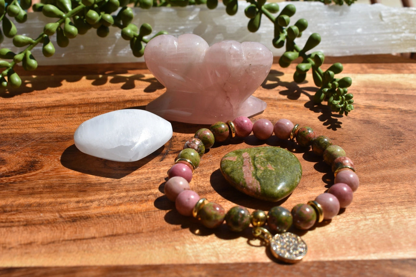 8mm Unakite & Rhodonite Crystal Bracelet + Heart Trio – Love • Release • Emotional Reboot