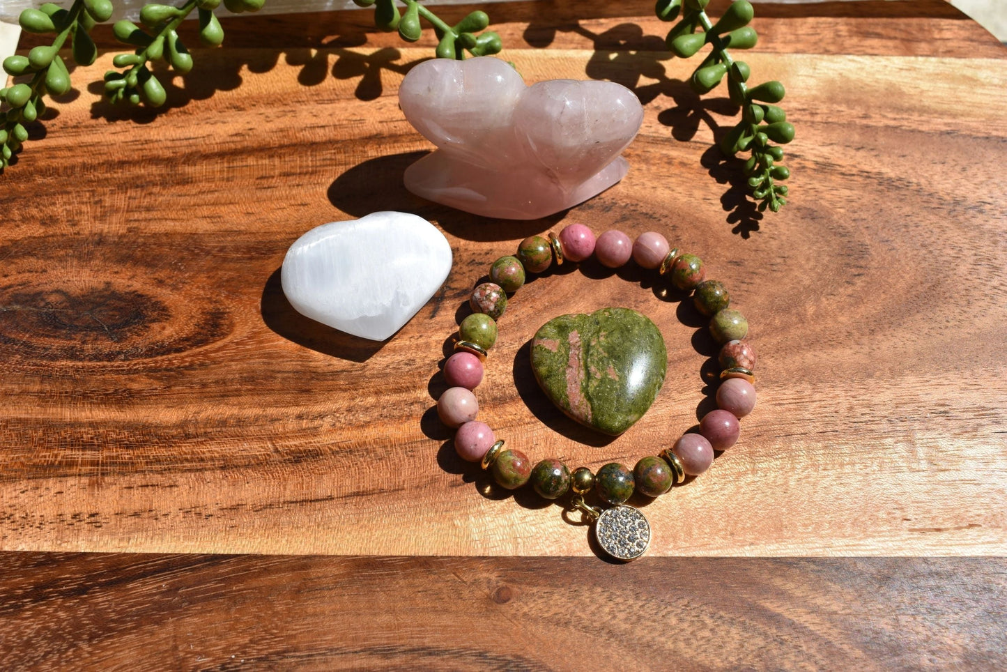 8mm Unakite & Rhodonite Crystal Bracelet + Heart Trio – Love • Release • Emotional Reboot
