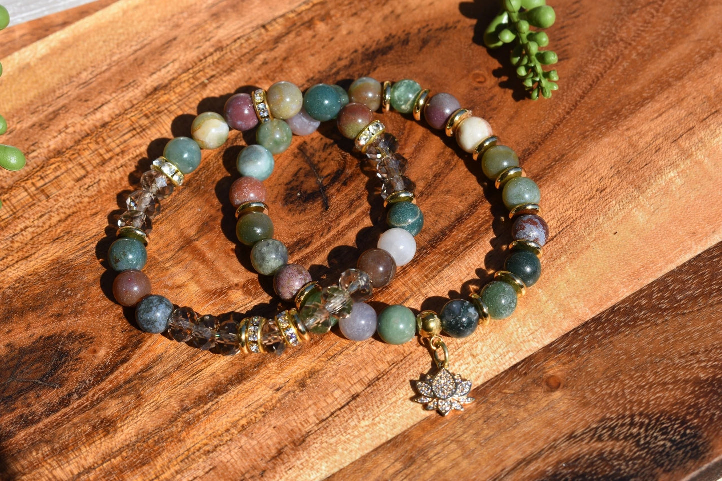 Set of 2 Indian Agate Bracelets with Gold Accents & Czech Glass Beads – 8mm