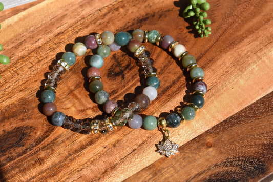 Set of 2 Indian Agate Bracelets with Gold Accents & Czech Glass Beads – 8mm