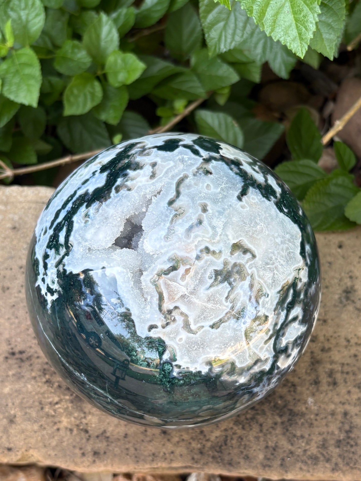 Massive 10 lb. Moss Agate Sphere with Druzy Caverns -  Growth • Grounding • Abundance