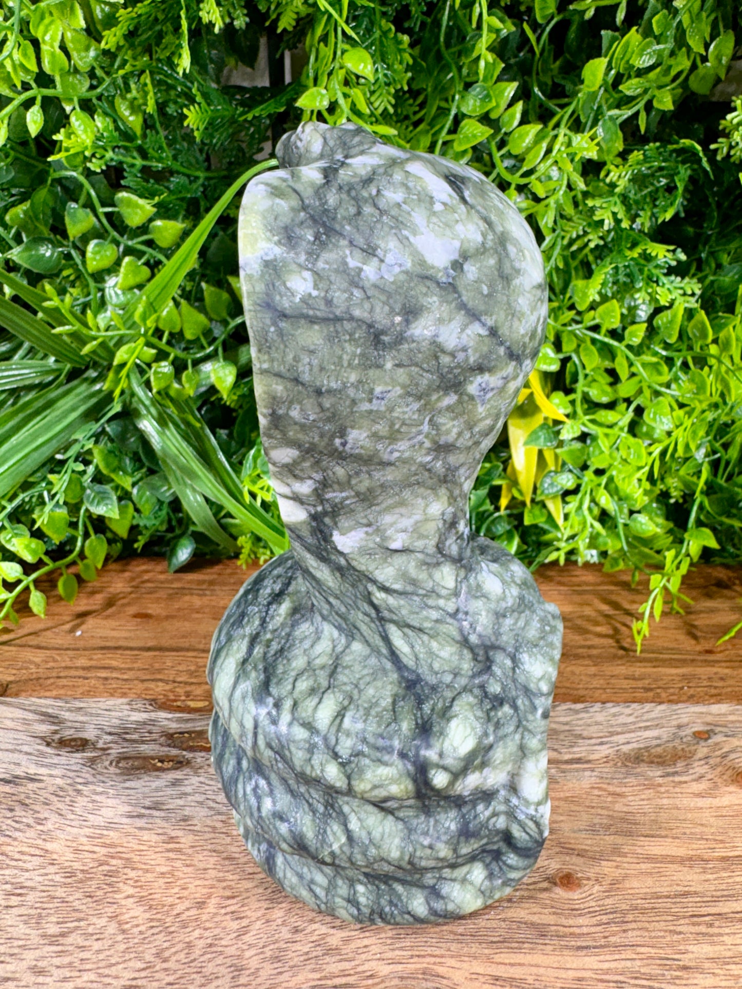 Jade Serpentine Cobra Carving - Large Green Crystal Snake Statue | Protection Décor