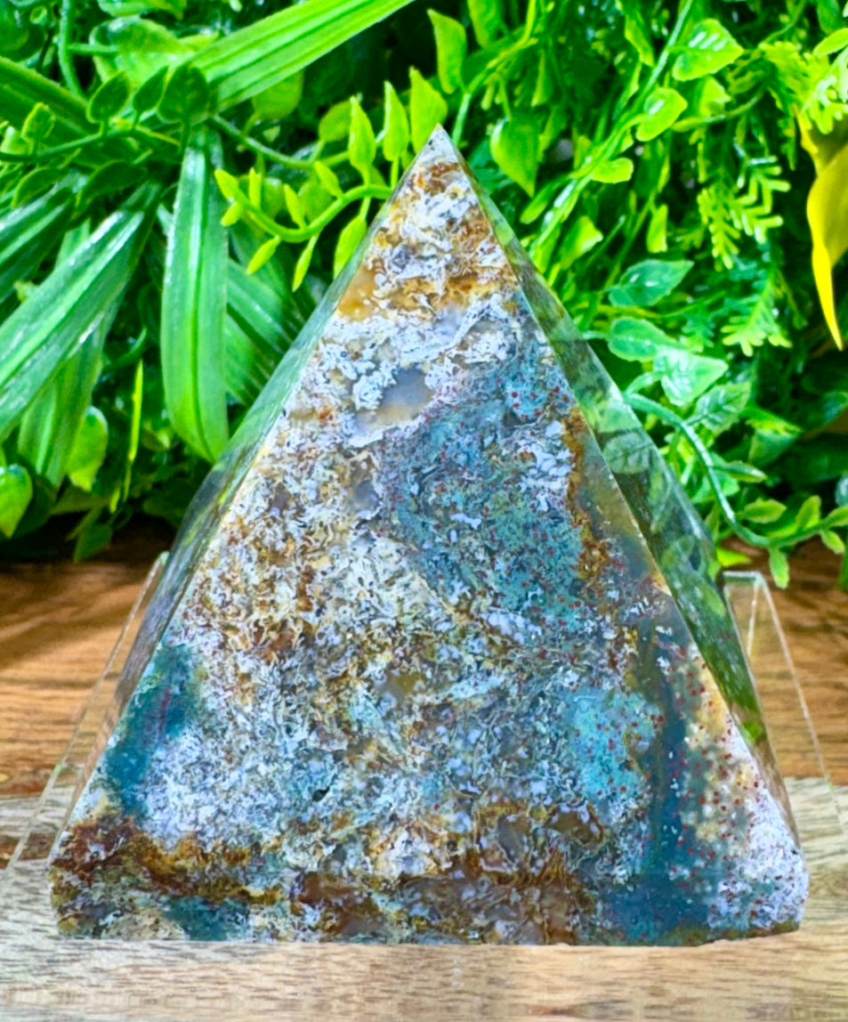 Multicolor Moss Agate Pyramid with Red Iron Oxide - Growth • Grounding • Abundance