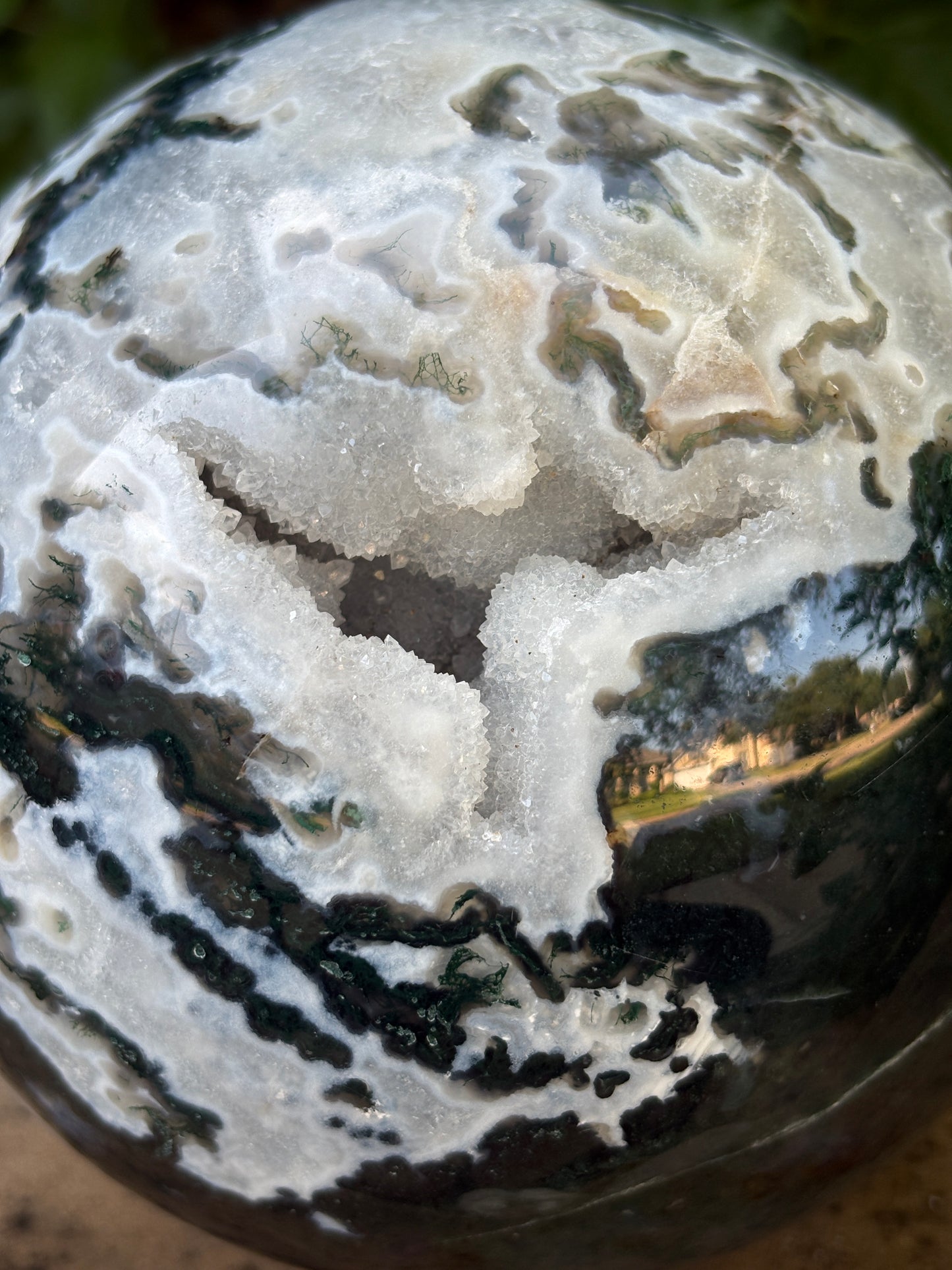 Massive 10 lb. Moss Agate Sphere with Druzy Caverns -  Growth • Grounding • Abundance