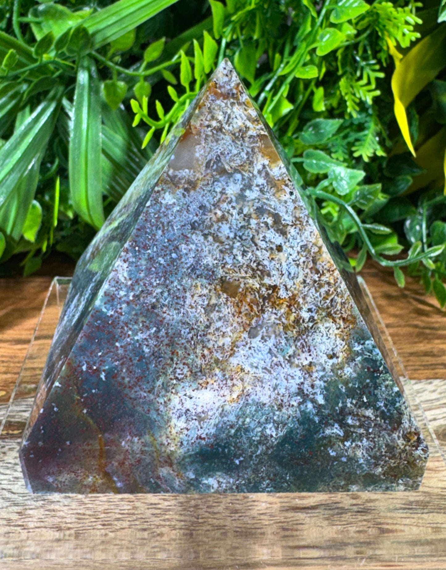 Multicolor Moss Agate Pyramid with Red Iron Oxide - Growth • Grounding • Abundance