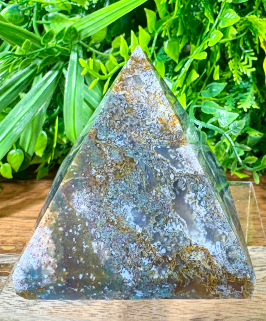 Multicolor Moss Agate Pyramid with Red Iron Oxide - Growth • Grounding • Abundance