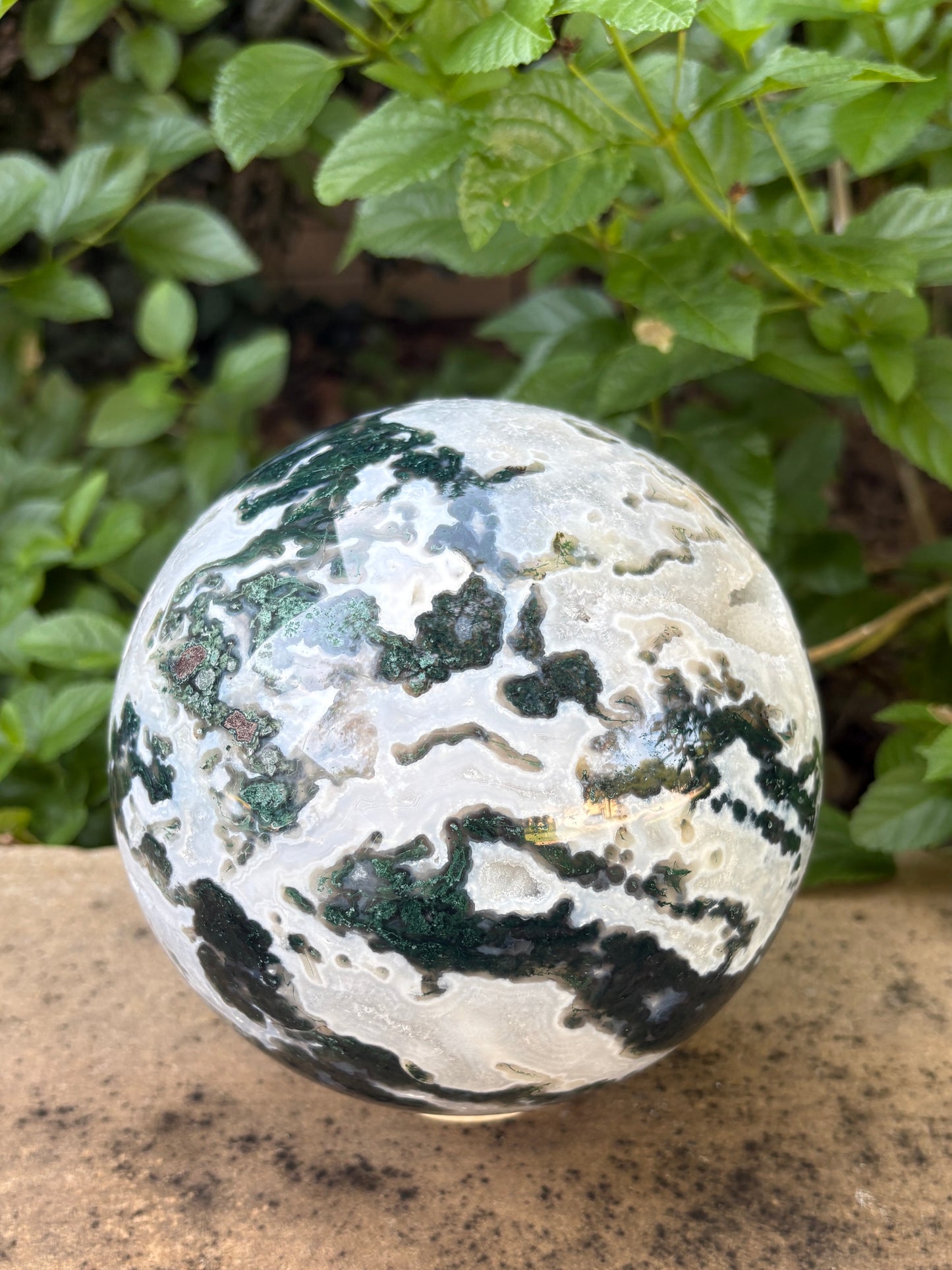 Massive 10 lb. Moss Agate Sphere with Druzy Caverns -  Growth • Grounding • Abundance