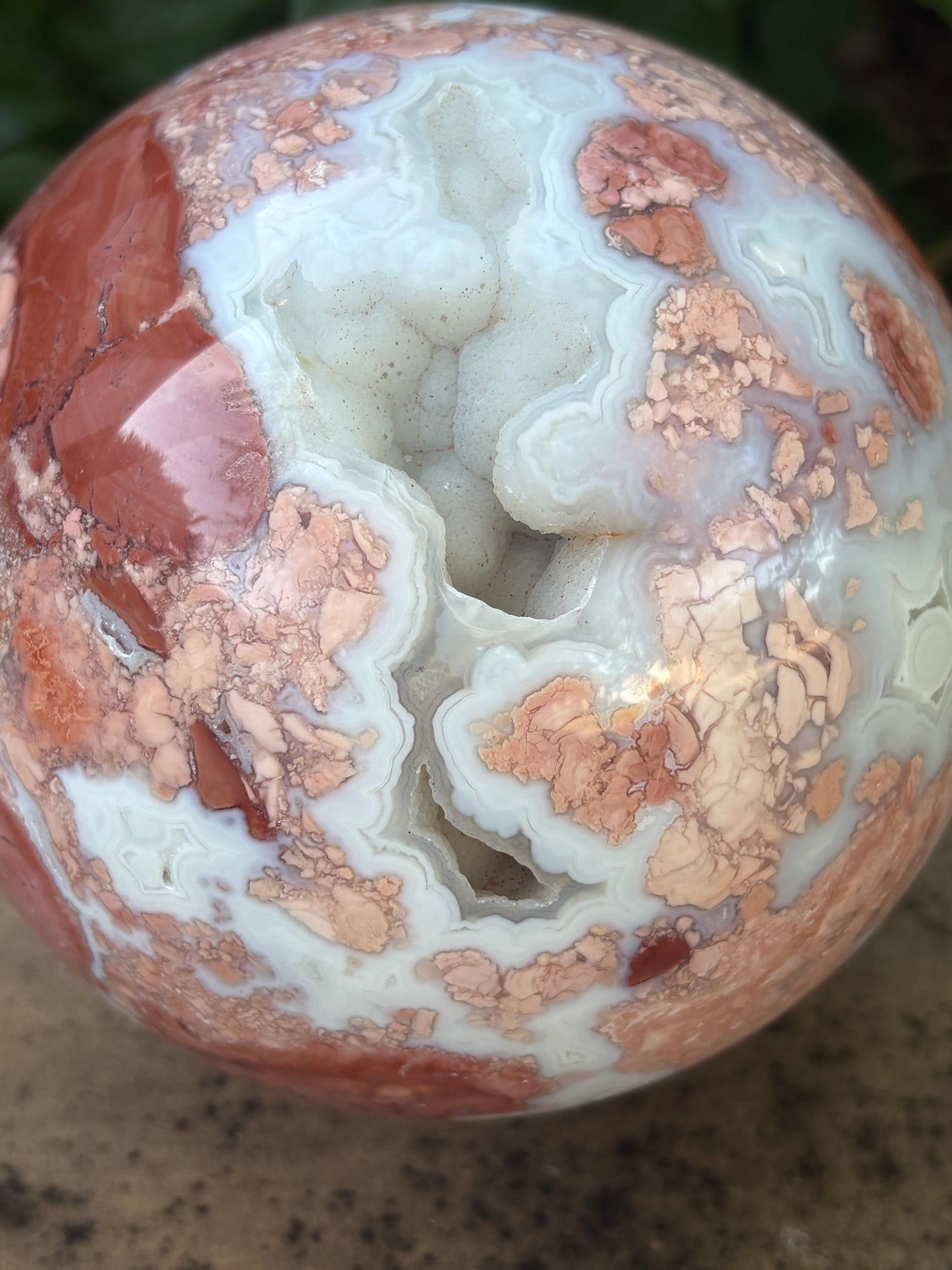 Pink Petal Agate Sphere with Druzy Caverns | 8.38 lb - Nurturing • Grounding • Emotional Balance