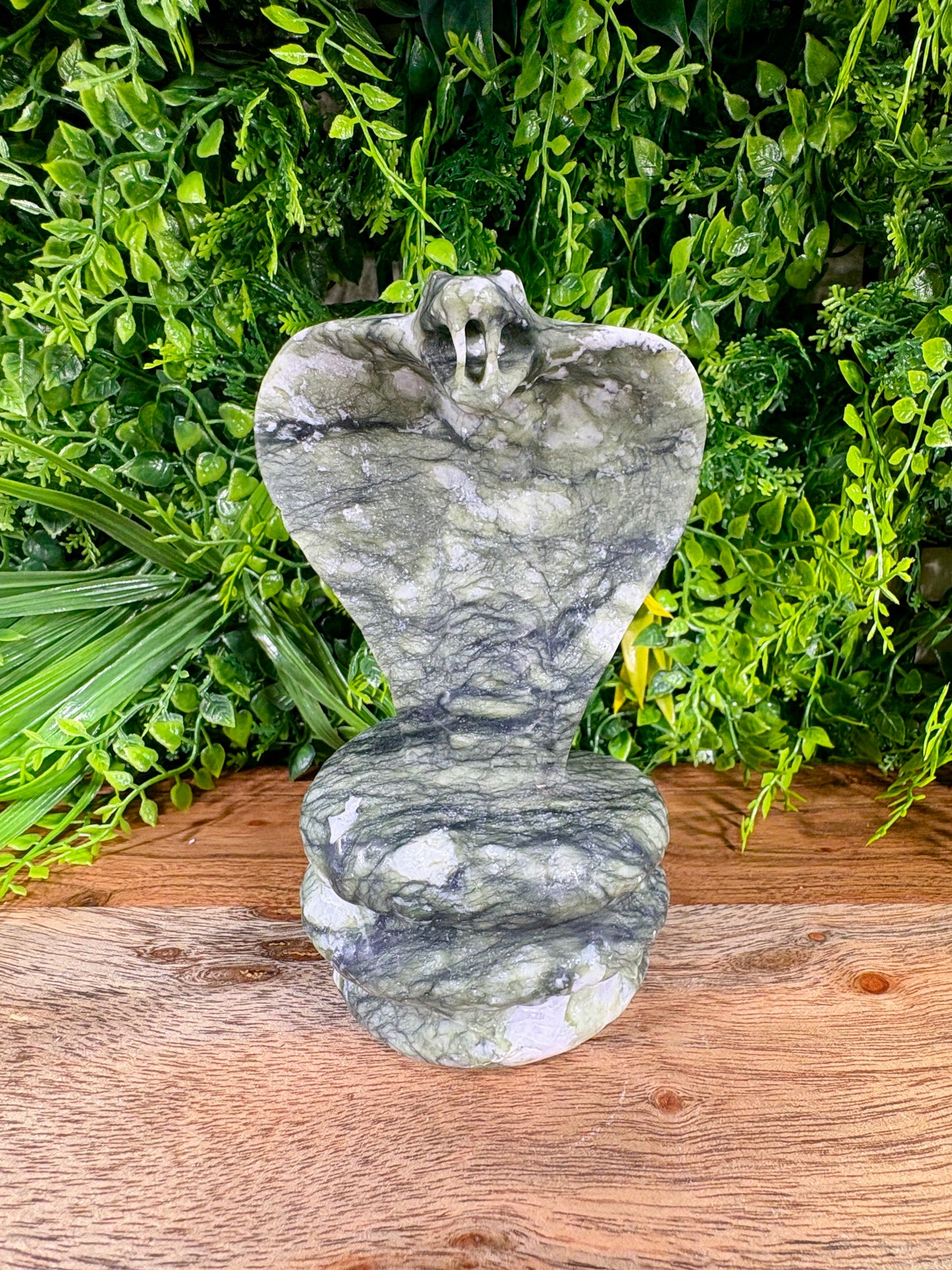 Jade Serpentine Cobra Carving - Large Green Crystal Snake Statue | Protection Décor