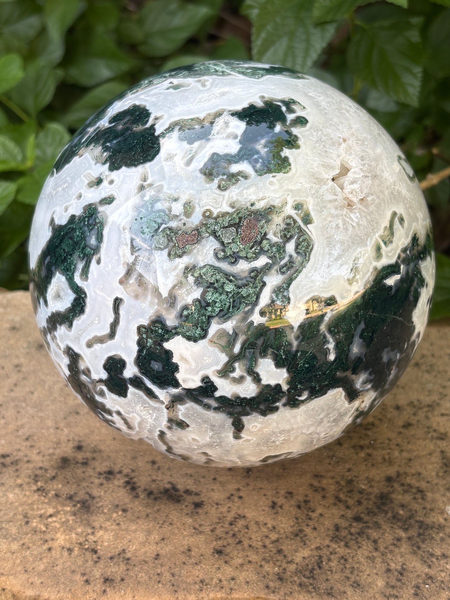 Massive 10 lb. Moss Agate Sphere with Druzy Caverns -  Growth • Grounding • Abundance