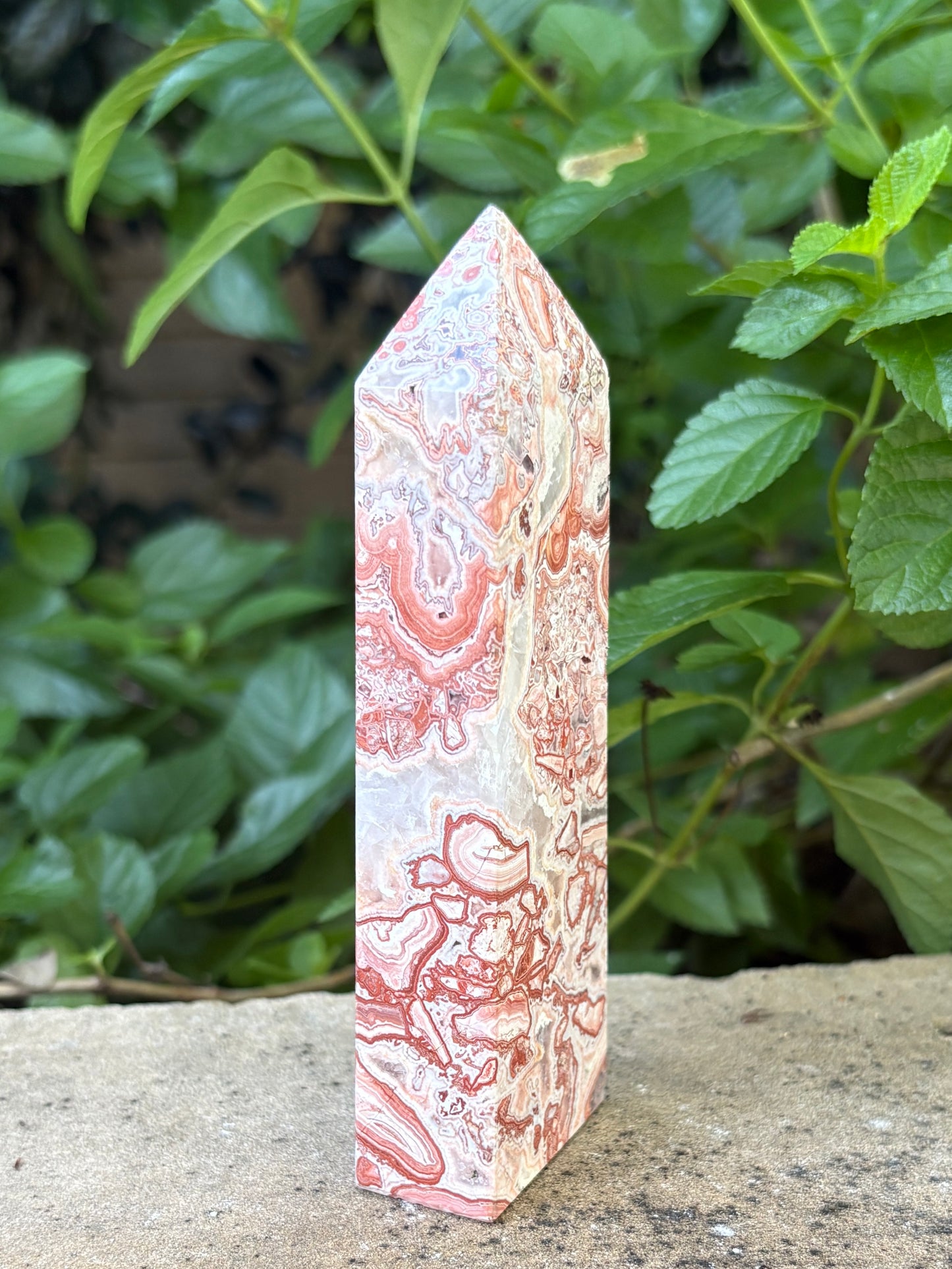 Pink Mexican Crazy Lace Agate Tower with Quartz Vein - Joy • Grounding • Balance