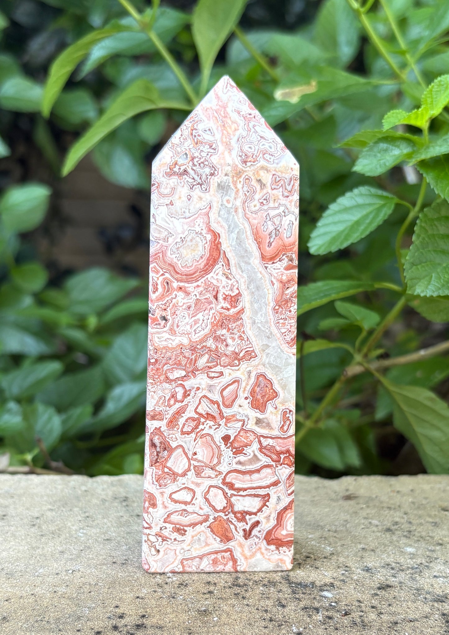 Pink Mexican Crazy Lace Agate Tower with Quartz Vein - Joy • Grounding • Balance