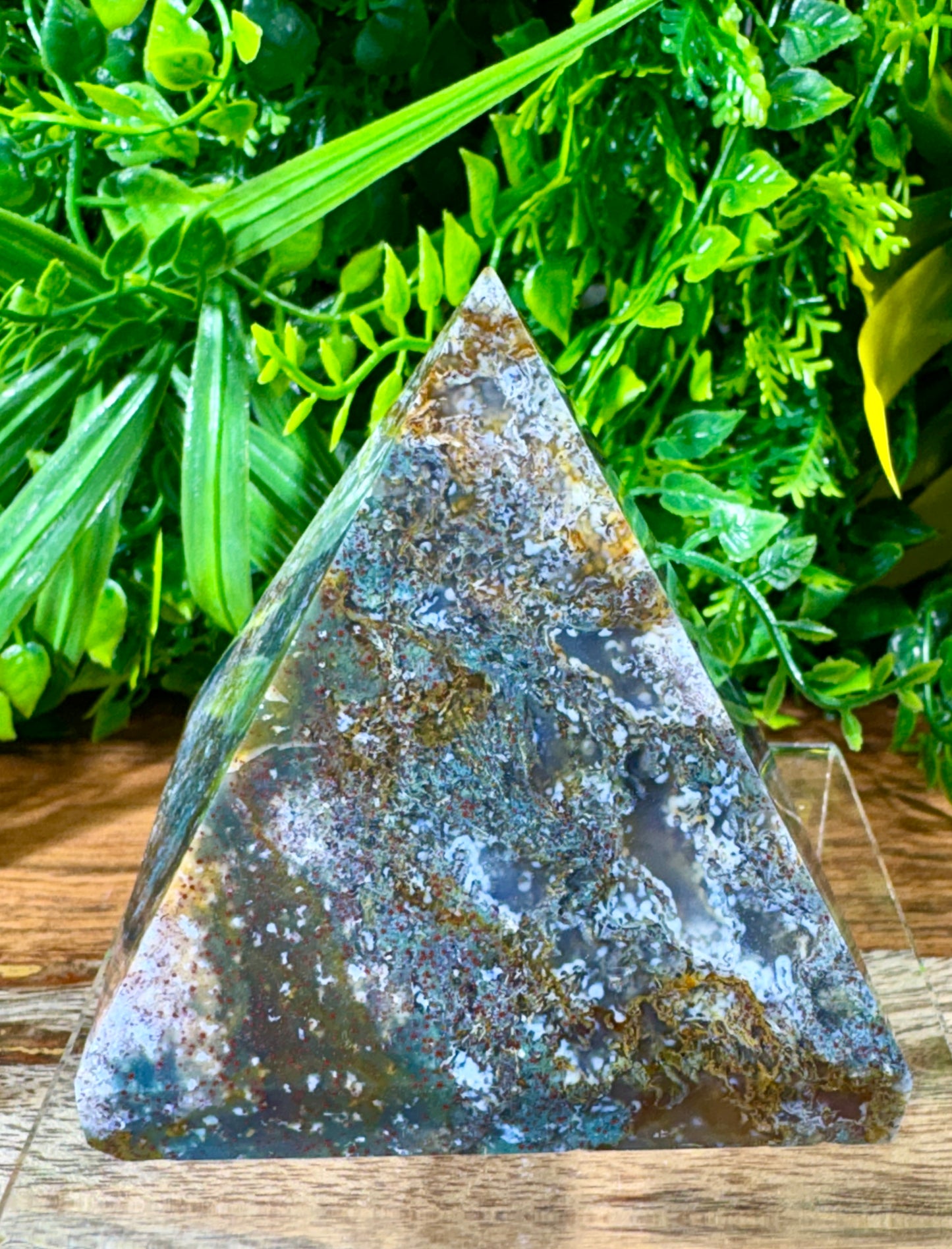 Multicolor Moss Agate Pyramid with Red Iron Oxide - Growth • Grounding • Abundance