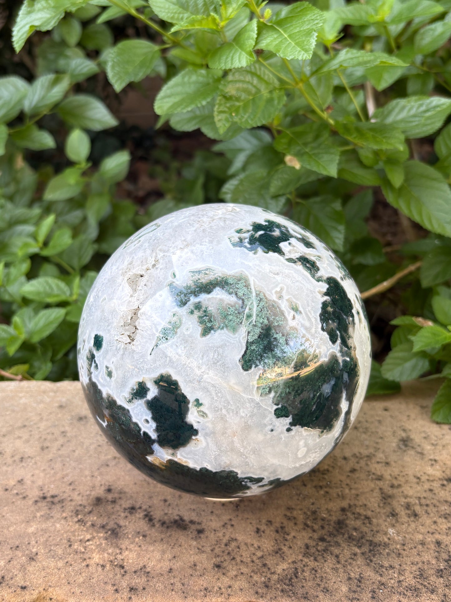 Massive 10 lb. Moss Agate Sphere with Druzy Caverns -  Growth • Grounding • Abundance