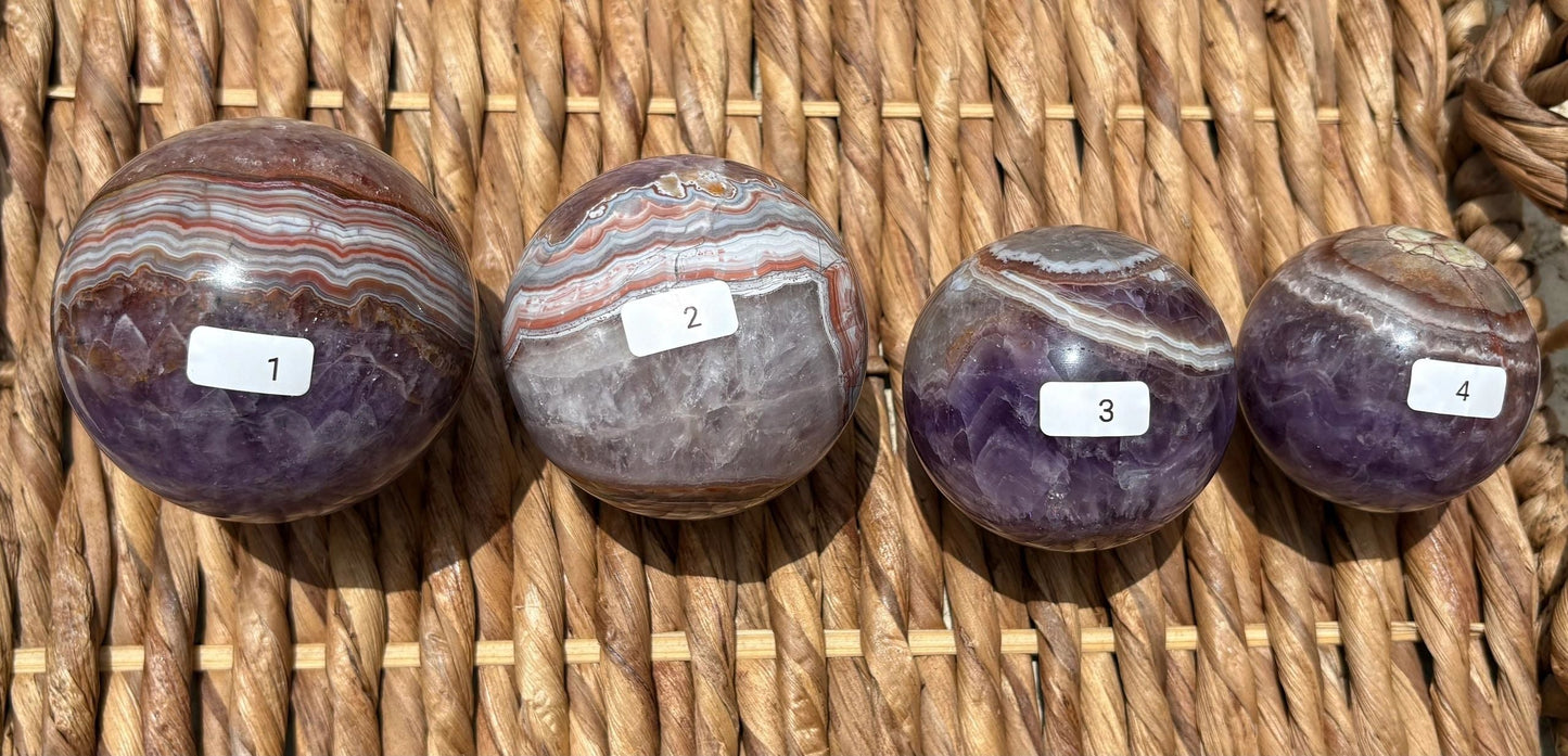 💜 Amethyst with Banded Agate Sphere – Intuition, Grounding & Cosmic Balance